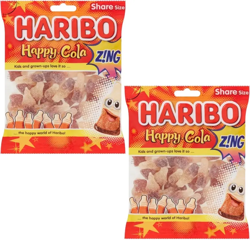 Haribo Happy Cola Fizzy Bottles Sugar Zing - Gummy Sweet Share Bag 6