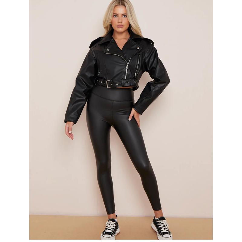 Stylish Faux Leather Biker Jacket for Women with Belt - Zip Fastening & Side Pockets - Coats, Womenswear Minimalist Long Sleeve Outerwear Comfort Tops Coats Womenswear 7
