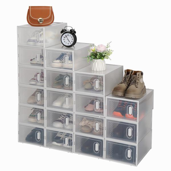 18 Boxes Set Clear Stackable Shoe Storage Box - Durable White Plastic Case Organizer for Men’s & Women’s Shoes (Size 5-10 / EU 37-44) | Easy to Installation, Assemble & Disassemble | Lightweight Transparent Design Rack Shelf Multicolor multifunctional 1