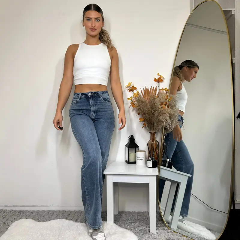 Stretchy Wide Straight Leg -Girl Jeans Dad Fit High Waisted Denim Blue Stretch Comfortable Wide Leg Womens jeans Casual sevens  jeans Cotton Fabric 0