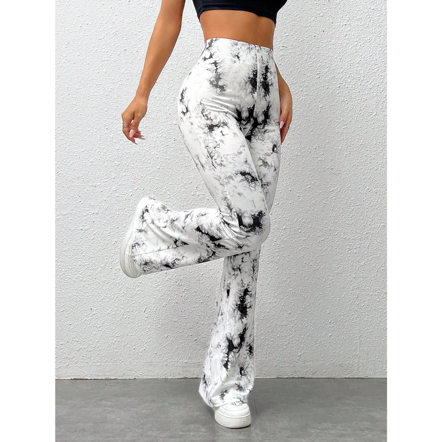 EZwear Women's Fashionable Tie Dye Slim Flared Long Pants Fabric Fit Casual Comfort Soft Print Leg Bottom Womenswear White