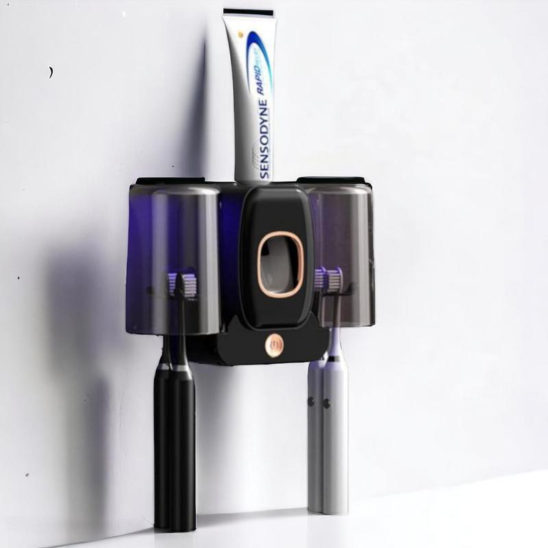 Product Introduction of 1pc Automatic Toothpaste Dispenser & Brush Holder, Toothpaste Dispenser Kit with 2 Cups, Toothpaste Squeezer Device For Bathrooms, Wall Mounted Shower Room Decor  Set Toothbrush bathroom  accessories 3