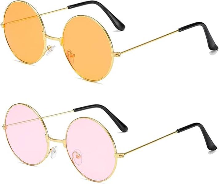 ECOVEND 2 PCS Hippy Specs Sunglasses - Metal Round Frame Circle Retro Glasses Vintage Disco Fancy Dress Colored Lens Festival Sunglasses 0