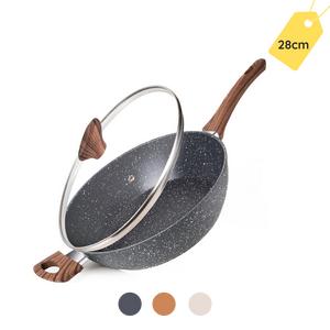 Nuovva Non Stick Frying Pan – Induction Hob Sauté Pan - Aluminium with Lid – Kitchen Saucepan Cookware – Wooden Handle - 28cm Chef's Pan