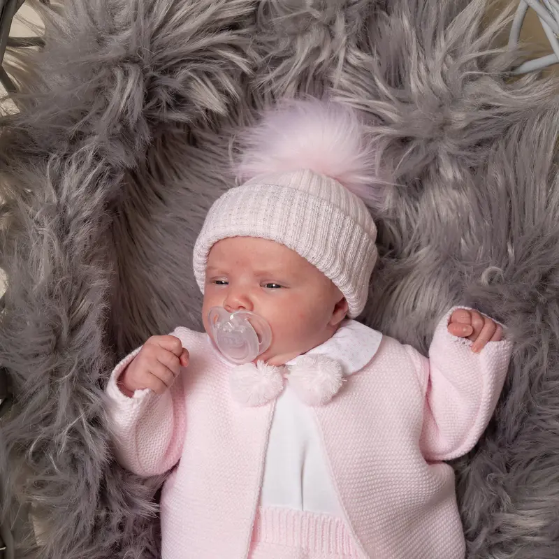 First Size Pink And Silver Ribbed Fur Single Pom Hat 4