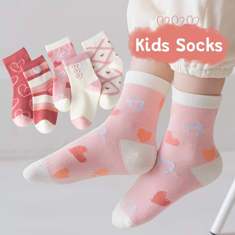 5 Pairs Girls Socks Set, Sweet Hearts And Stripes Print Crew Socks For Youth Kids 4