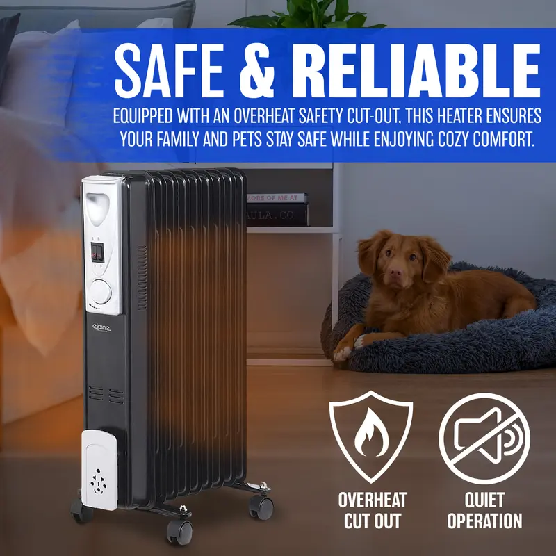 2000W 9 Fin Portable Oil Filled Radiator Heater Electric Adjustable Home Black 4