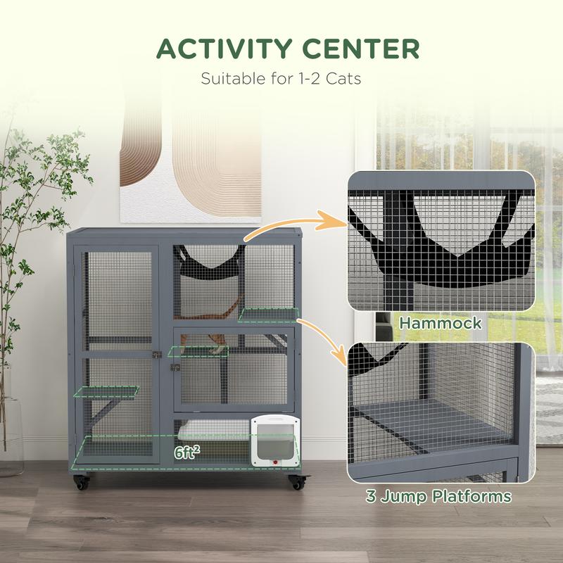 Product Introduction of Cat Cage House, Catio Cat Outdoor Enclosure on Wheels, Weather-Resistant Wooden Kitty Cage with Platforms, Hammock, 100L x 60W x 110Hcm - Light Grey 4