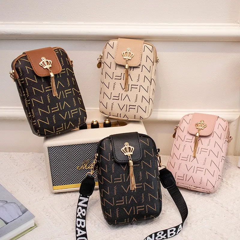 4 Stylish Crown Tassel Crossbody Phone Bag - Durable, Lightweight & Stain-Resistant PU with Adjustable Strap, Zip Closure - Perfect for Daily Commute, Parties & Outings - Vertical Printed Design in Black/Brown, Beige/Black, White/Black