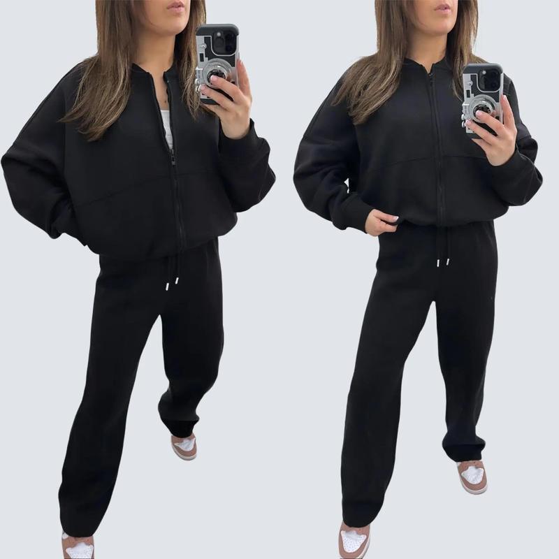 Women's Fleece Lined Oversized Zip Up Bomber Jacket And Pleated Straight Leg Pants Joggers Drawstring Trousers Two Piece Co-Ord Lounge Jogging Tracksuit Set Ladies Oversize Comfy Loungewear Womenswear Everyday Overall 7