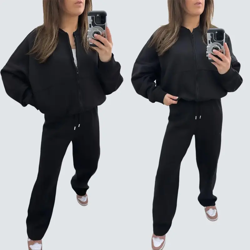 Women's Fleece Lined Oversized Zip Up Bomber Jacket And Pleated Straight Leg Pants Joggers Drawstring Trousers Two Piece Co-Ord Lounge Jogging Tracksuit Set Ladies Oversize Comfy Loungewear Womenswear Everyday Overall 7