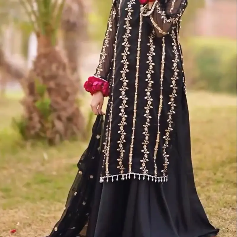 Kit Kat Chiffon Embroidered Black Kameez With Trouser - | PD-1114-6| Wedding Boat Neck Elegant Dress Dupatta 4