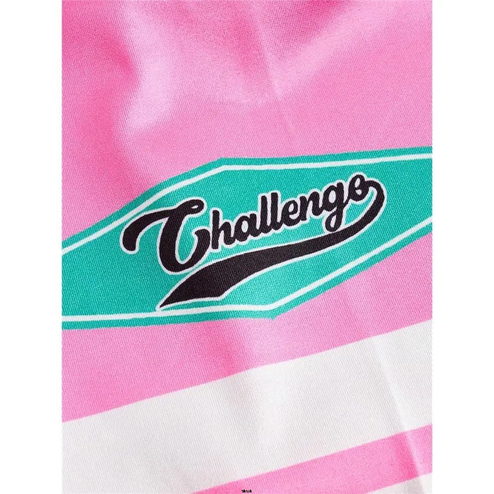 Pink Jersey Casual Style Sports Patchwork Print Letter V Y2K Women's ICON Summer Collar Sports Casual Oversized Top
