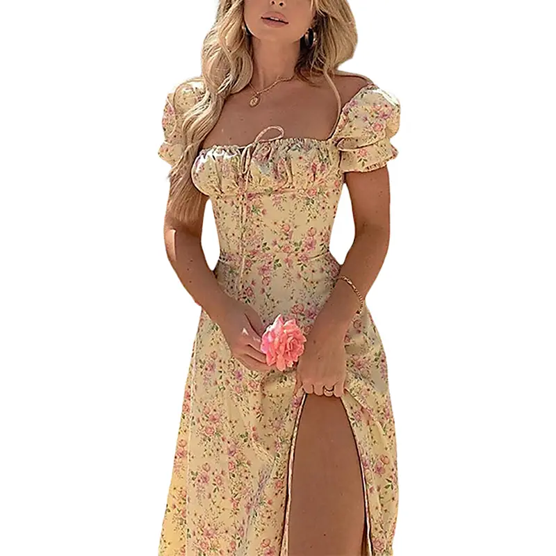 Women's Y2k Retro Bodycon Long Dress Summer Bohemian Floral Print Puff Sleeve Square Collar Tie-up High Split Dress Streetwear 6