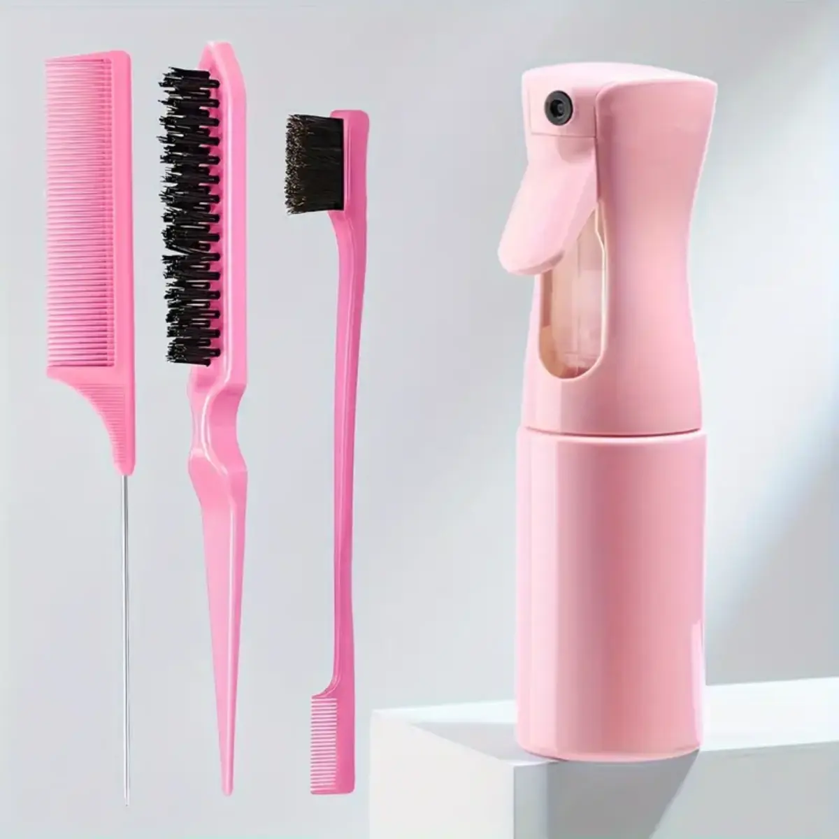 4pcs/Set Hairdressing Tools Set with Spray Bottle, Rat Tail Comb, Teasing Hair Brush, and Edge Control Hair Brush - Heatless, Haircare Salon Daily Hairline