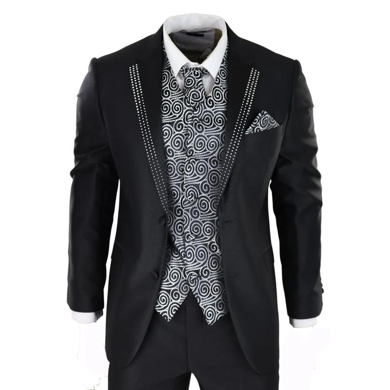 Men's Wedding 3 Piece Black Suit Silver Cravat Waistcoat Groom Bestman 0
