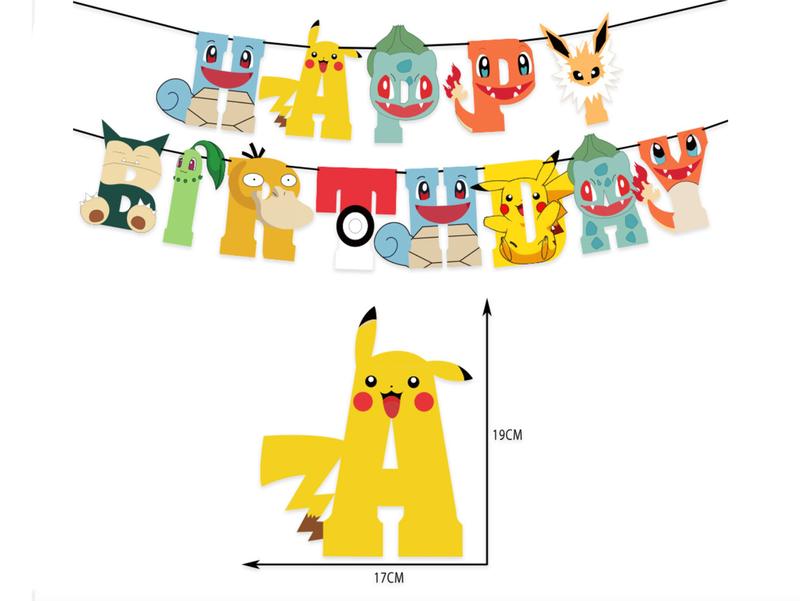 Pokemon Birthday Banners, Anime Cartoon Squirrel Pikachu Happy Birthday Letter Banner Outdoor, Pokemon Balloons 4