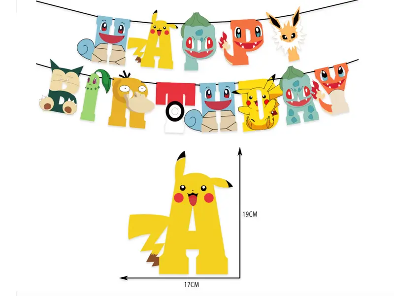 Pokemon Birthday Banners, Anime Cartoon Squirrel Pikachu Happy Birthday Letter Banner Outdoor, Pokemon Balloons 4