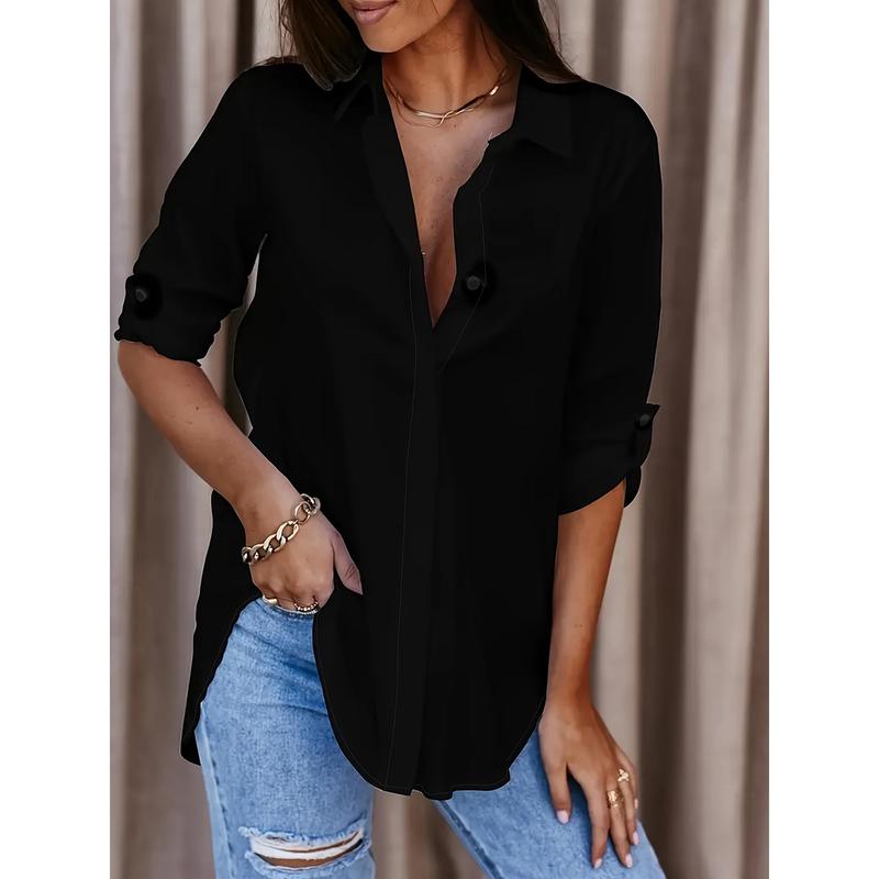 Solid Button Front Shirt, Casual Turn Down Collar Office Work Shirt, Women's Clothing 3