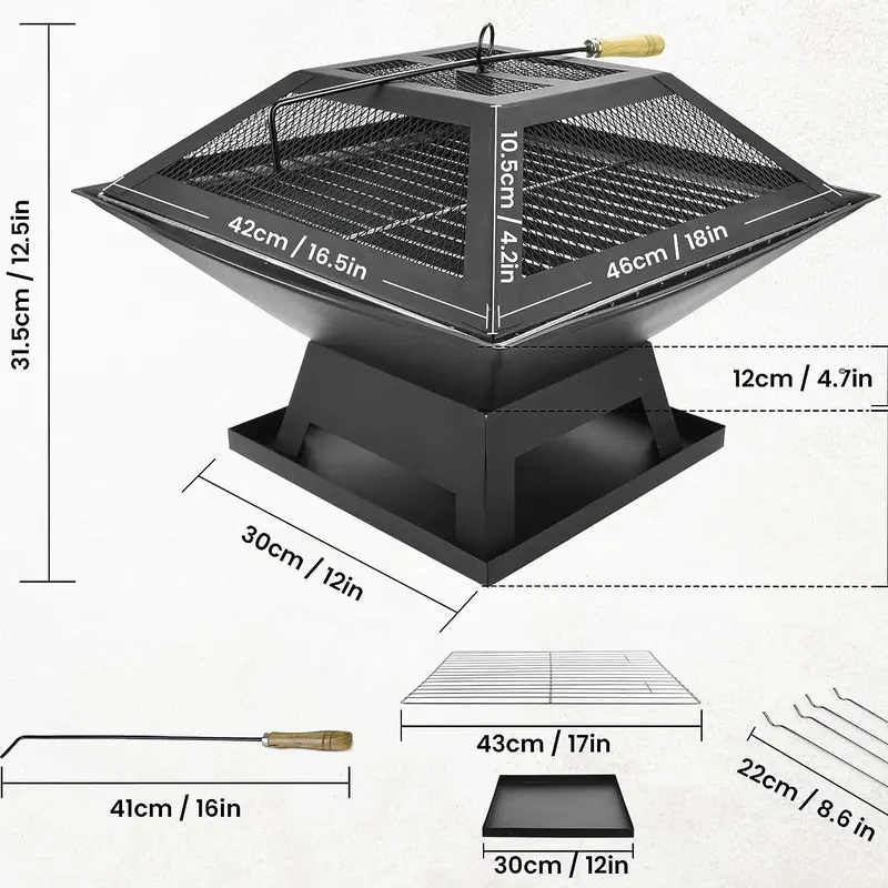 SQUARE FIRE PIT BBQ GRILL HEATER OUTDOOR GARDEN FIREPIT HEAVY DUTY Set Stylish portable bbq 5