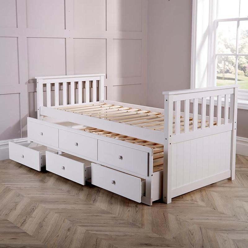 Big Furniture Warehouse White Solid Pine Cabin Bed 3ft Single Pull Out Guest Bed With 3 Storage Drawers 5
