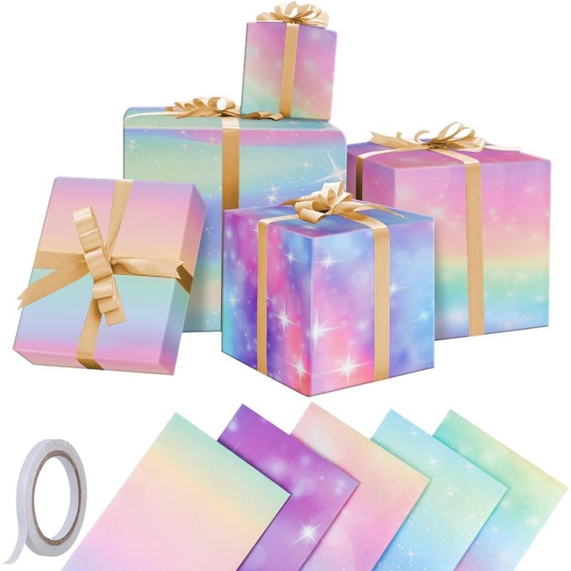 Wrapping Paper, 5 Pcs Rainbow Gradient Colour Gift Birthday Wrapping Paper, Gift Wrap Perfect for Mother Day, Valentine Day, Party, Birthday for Women and Girls, with Tape(70cm X 50cm) 0