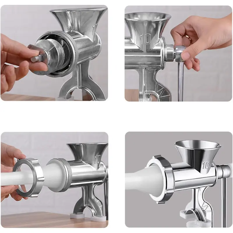 Small Meat Grinder Manual Meat Stuffer Sausage Maker Aluminum Alloy Composite Wood Incisive Blade Silver Meat Filling Kitchen Machine for Meat Sausage Cookies Easy to Clean 6
