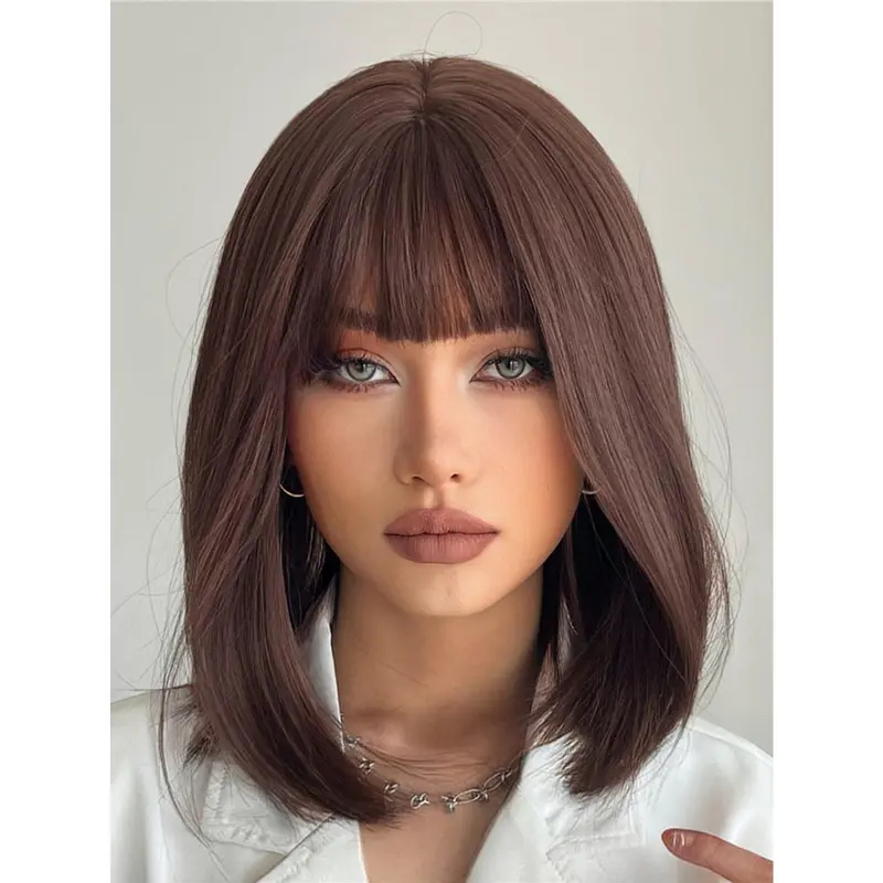 Gorgeous Chocolate Brown Bob Wig With Flattering Bangs Synthetic Fiber Hair Wigs Hair Replacement Wigs For Women Girls Music Festivals,Halloween Christmas Presents 3