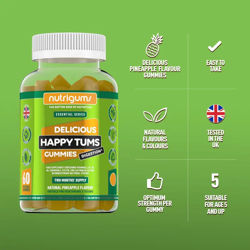 **MULTIBUY SAVING** Happy Tums Digestive Complex Gummy | Pineapple Flavour | 60 Vegan Gummies | Vitamins C, B3, B5, B6 and Chamomile 1000mg | Gut & Digestive Health by NUTRIGUMS Dietary Supplement 4