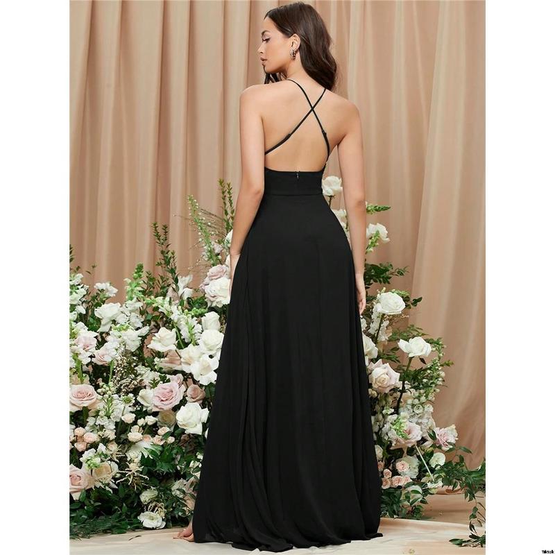 dress bride wedding elegant shoulder strap dress thin bridesmaid slit high backless solid color belle 2