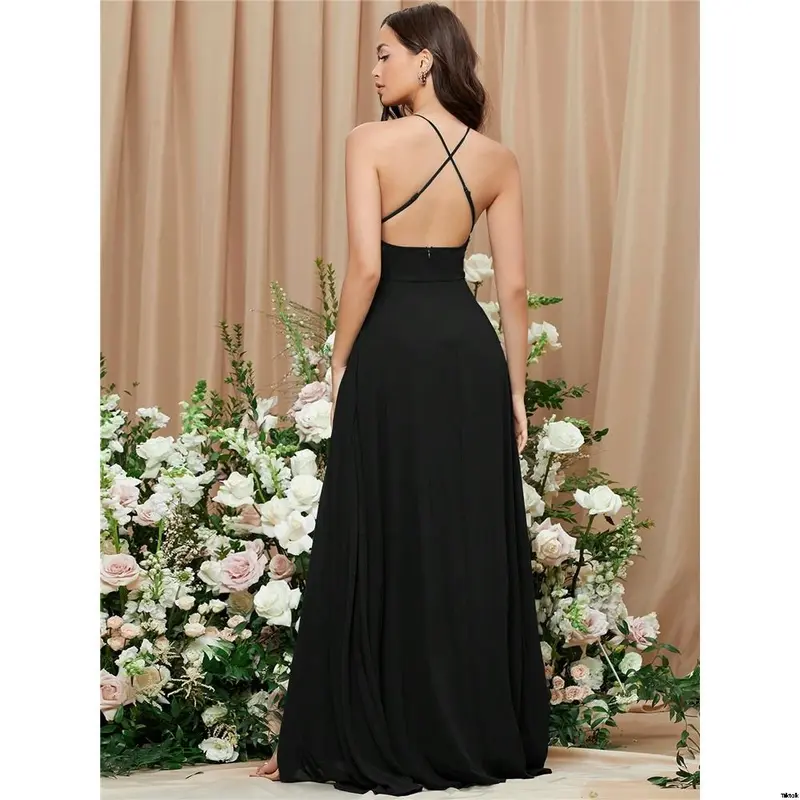 dress bride wedding elegant shoulder strap dress thin bridesmaid slit high backless solid color belle 2