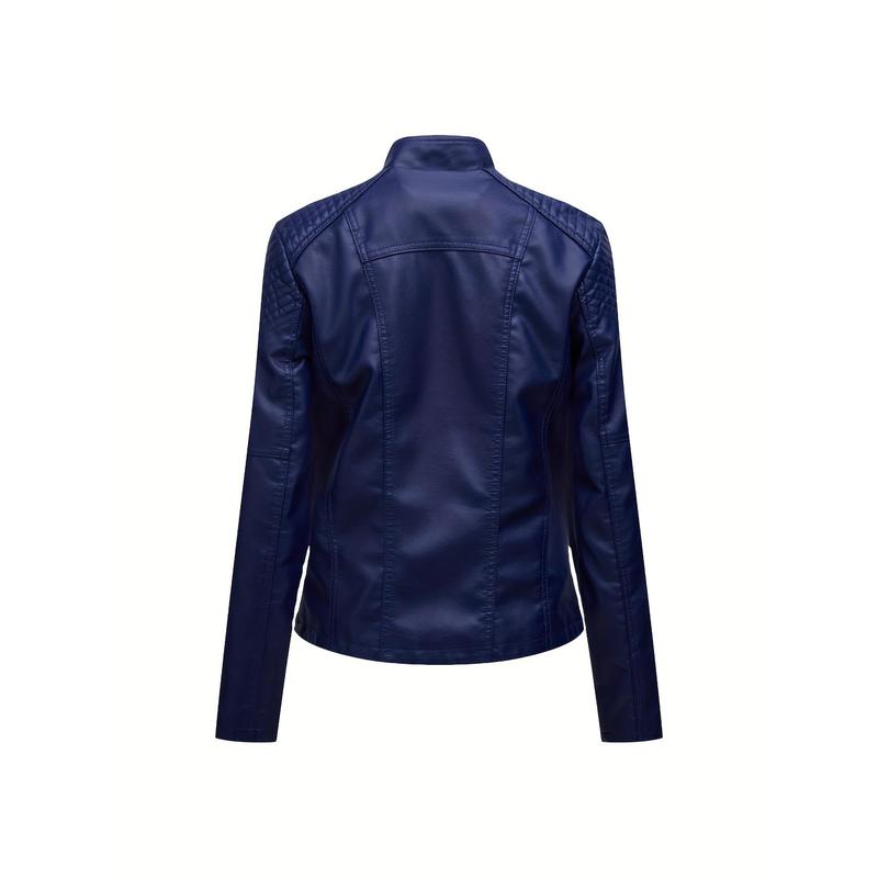 Faux Leather Zip-up Biker Jacket, Casual Long Sleeve Lace Up Lapel Jacket For Spring & Fall, Women's Clothing 5