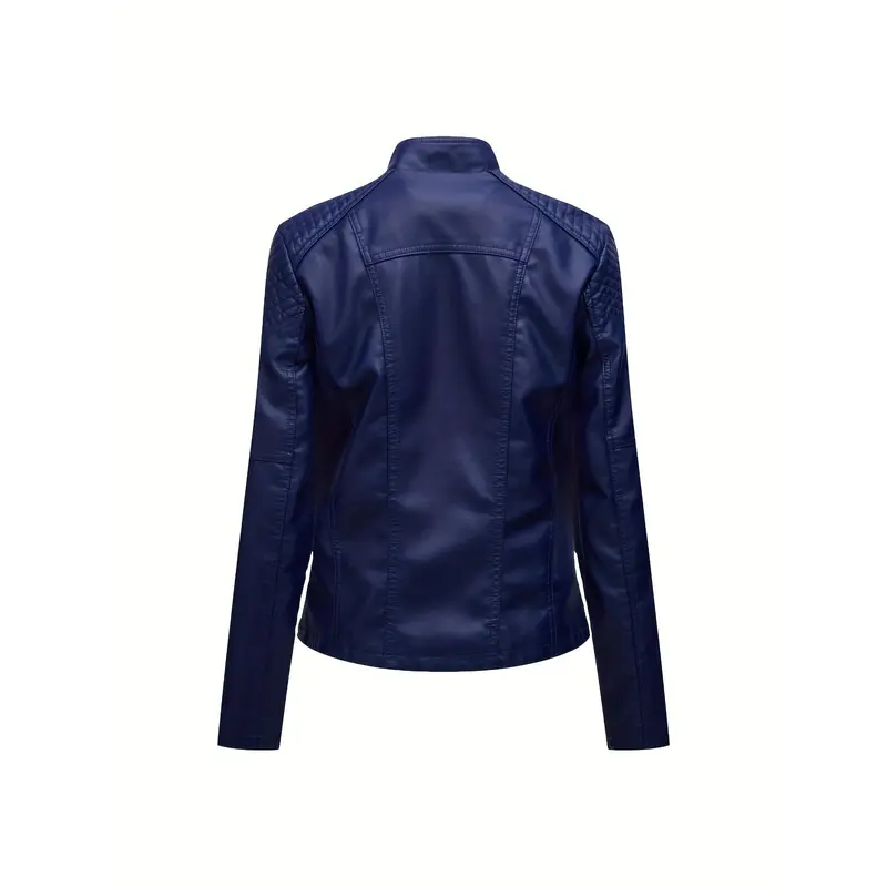 Faux Leather Zip-up Biker Jacket, Casual Long Sleeve Lace Up Lapel Jacket For Spring & Fall, Women's Clothing 5