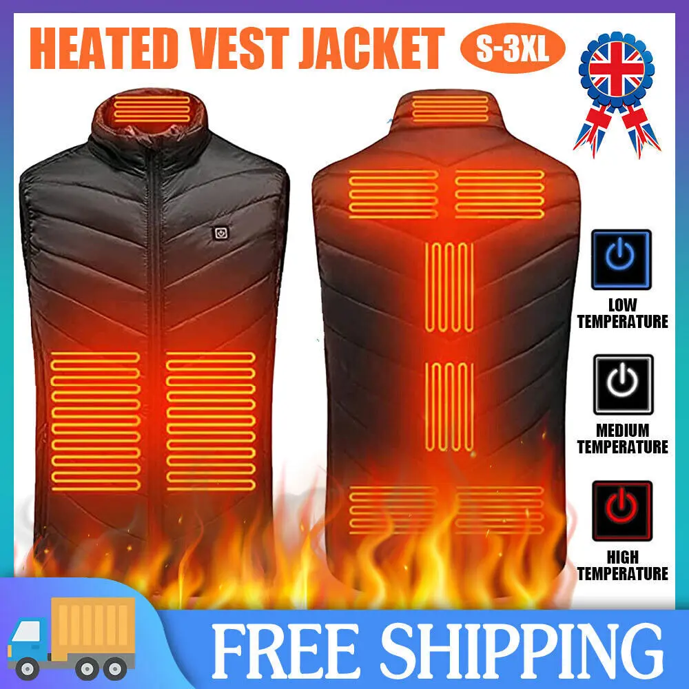 Men USB Electric Heated Vest Jacket 9 Zone Warm Up Heating Pad Cloth Body Warmer