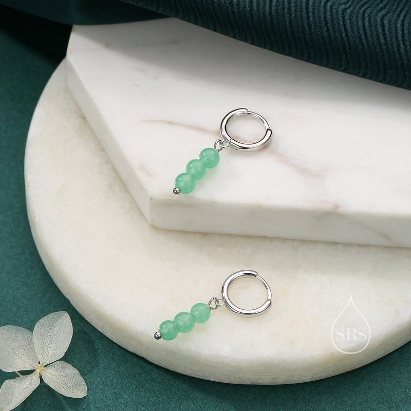 Genuine Green Chalcedony Stone Trio Huggie Hoop Earrings in Sterling Silver, Green Chalcedony Cluster Dangle Earrings, Three Stone Hoops 3