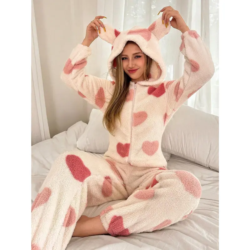 Dream Adore Plush Heart Print Animal Ear Hooded Zipper Design One-Piece Sleepwear Jumpsuit Long Sleeve Day 5