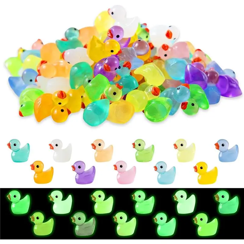 110 Pcs Luminous Mini Resin Ducks, Tiny Duck Bulk Glow in The Dark Small Plastic Miniature Ducks Figures for Dollhouse Decor Micro Garden Home Landscape Aquarium Craft Gifts