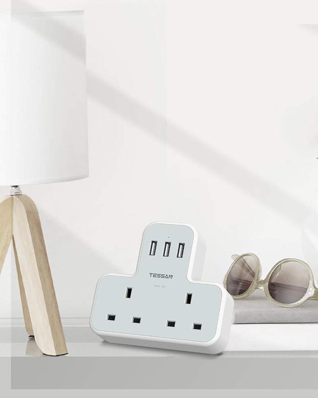 Plug Adapter with 3 USB Plug, TESSAN Double Plug Adaptor Extension Plug, 2 Way Multi Plug Extension with USB Charger Plug, Slim Multiple Plug Socket UK for Kitchen, Office, School Supplies 4