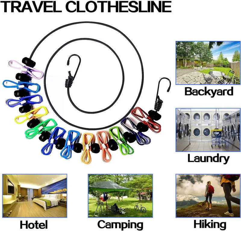 Pack Retractable Portable Washing Line, Elastic Clothesline Travel Camping Washing Line Rope with Pegs, for Indoor Laundry Drying Line, Outdoor Camping Accessories, 12 Wire Clips (Colorful) 4