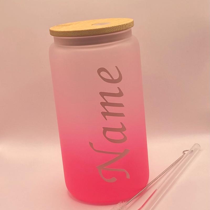 Personalised 17oz Frosted Glass Tumbler can with Bamboo Lid, Glass Straw and Straw Cleaner - Drinkware cups Bottle Plastic Stylish Reusable leak  proof personalised  glass cute  glassware reusable  cup glass  cans custom tumbler iced  coffee 1