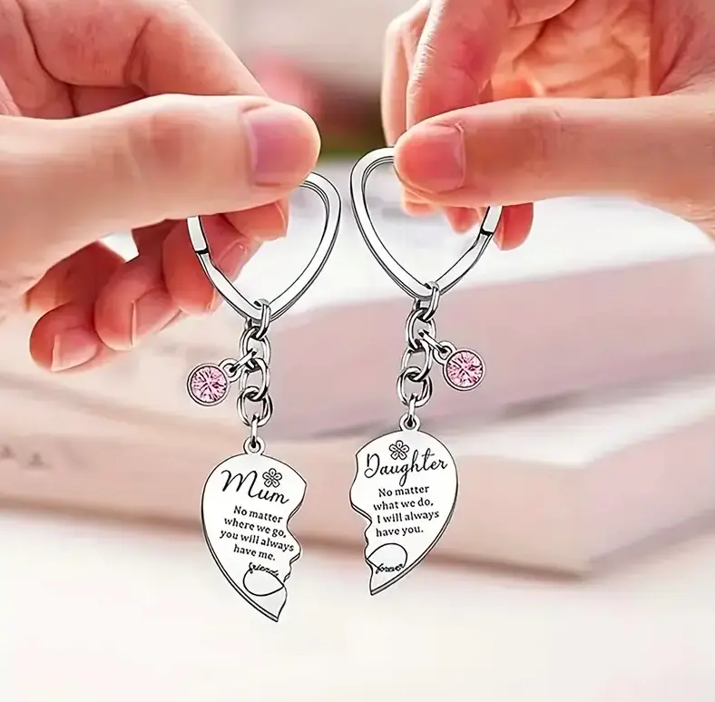 Stainless Steel Heart-Shaped Keychain Set of 2 | Mother's Day | Heart | Mom | Gem | Gift for Mom | First Mother's Day | Mother's Day Hamper 0