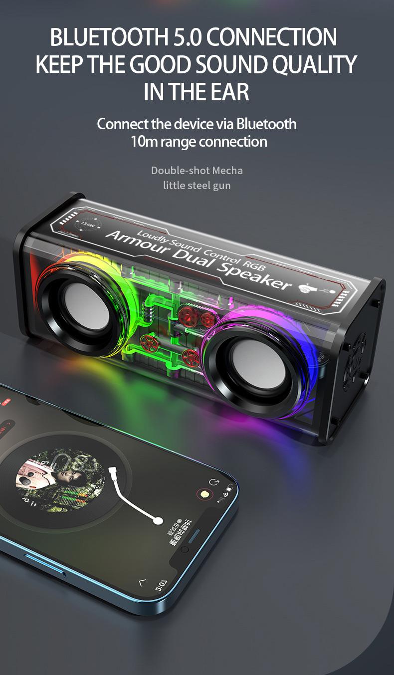 Product Introduction of New transparent dazzle colour light bluetooth speaker V8/small steel cannon bass/support tandem mecha 3