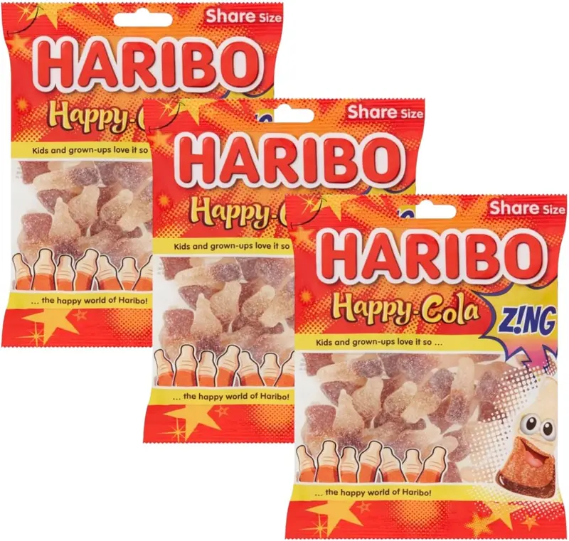 Haribo Happy Cola Fizzy Bottles Sugar Zing - Gummy Sweet Share Bag 5