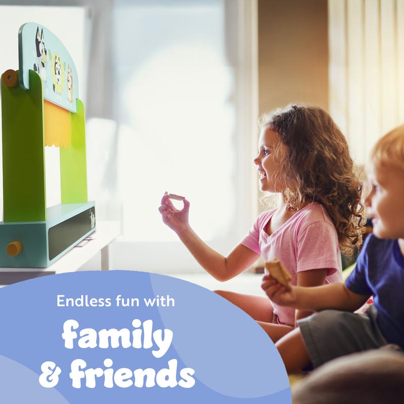Bluey Wooden Puppet Theater Playset - FSC-Certified Wood, Includes 2 Hand Puppets, Chalk & Curtain, Eco-Friendly Toy for Kids 3+, Compact & Easy to Store, Inspires Imagination & Storytelling 1