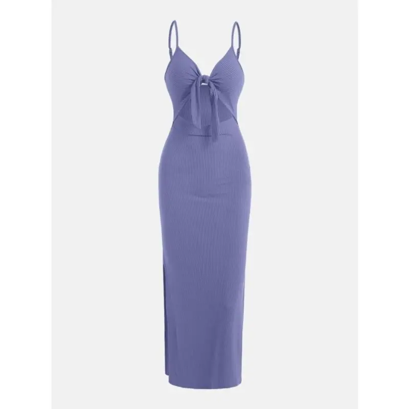 Women's Plain/denim-effect Print Cut Out Knot Front Cami Dress, Sexy Printed Backless Split Ribbed Bodycon Long Dress, Ladies Summer Clothes for Party Club Dating Wear Valentine's Day, Gift, Red Dress