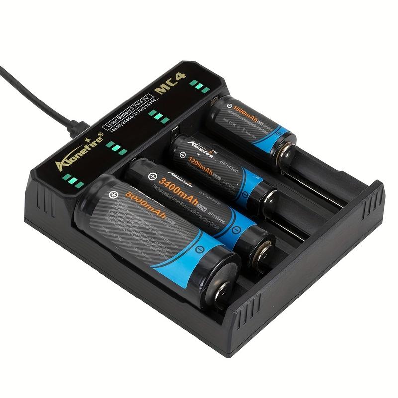 Alonefire MC4 Compact 4-Channel USB Quick Charger, 5V 2A - Matte Black, Automatic Stop for Li-ion Batteries (26650/16340/14500/21700/18650/10440) - Perfect for Flashlights, Headlamps, E-cigs with Type-C & Micro-USB Compatibility 5