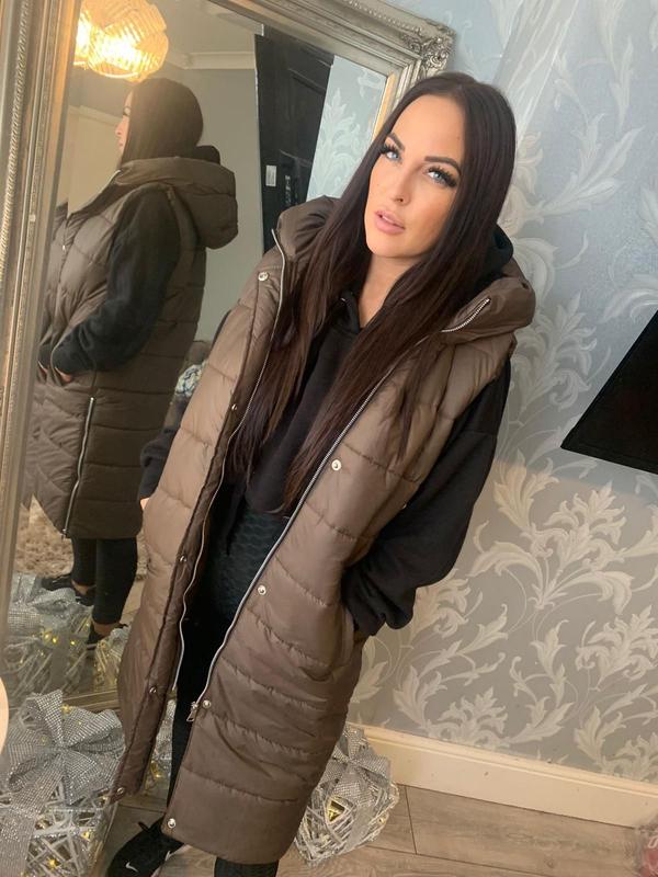 Xara. Black Khaki Chocolate Brown Baby Pink Sky Blue Cream Beige Purple Gold Apricot Winter Warmer Puffer Gilet Long Jacket Hooded Sleevless Jacket Coat Body Warmer 6
