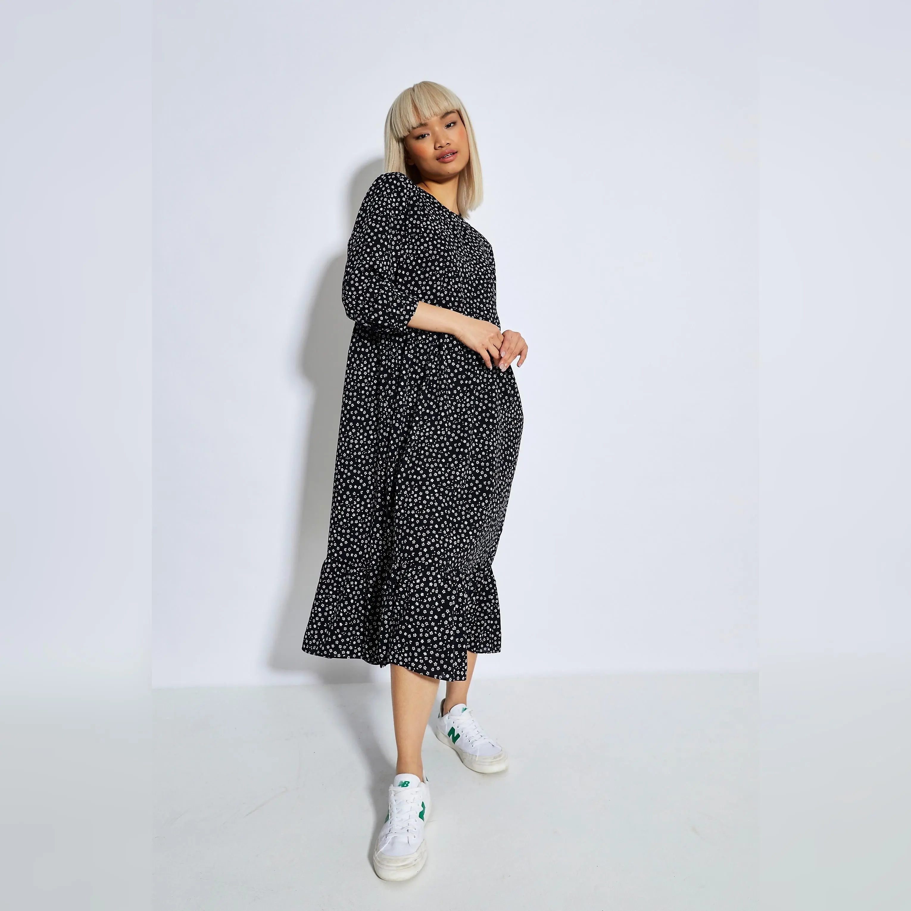 Glamorous Black White Mini Ditsy 3/4 Length Sleeve Midi Dress