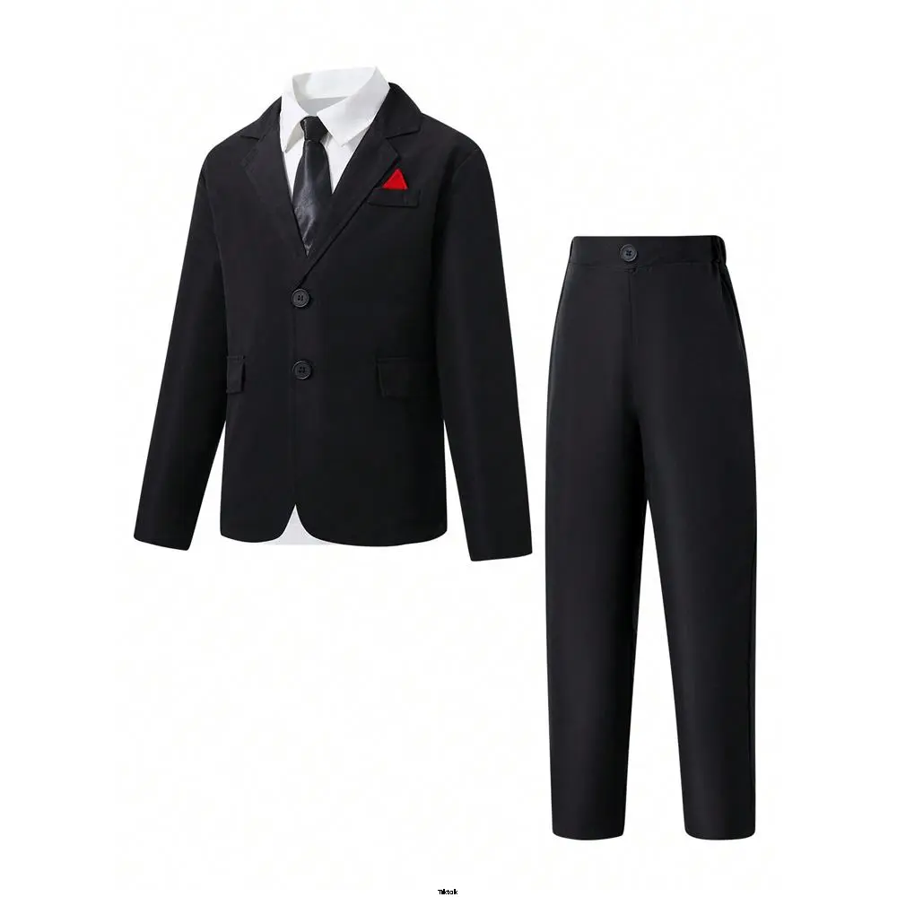Events and Birthday Party Suit Formal Pants Jacket Suit Collar Placket Contrast Color - Set of 2 tiktok Tween Boy Gentleman +, Suitable for Wedding, Christmas, Halloween and others