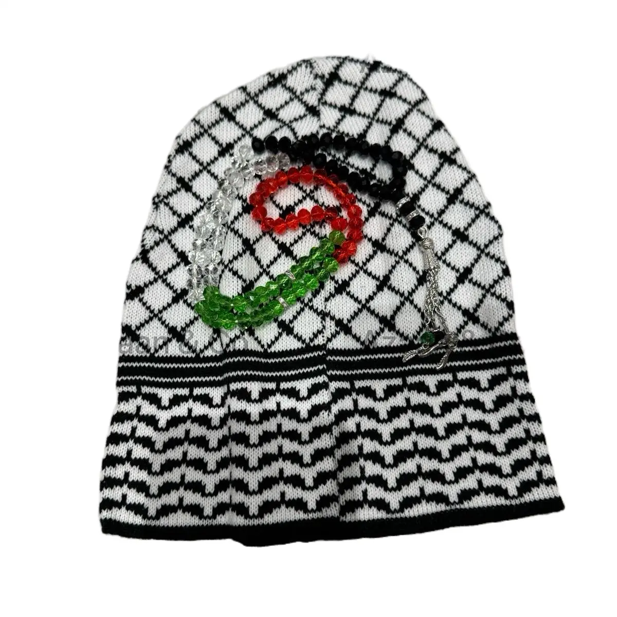 Palestinian Keffiyeh design Hat Scarf Mens Womens Unisex Shemagh Keffiyeh Scarf-Hat Arab Palestine Flag Colours Tasbih Head Neck Wrap Warm Scarf Striped Al Aqsa Prayer Mat, Red, Black and Green Tasbeeh Option to buy individually or as Sets